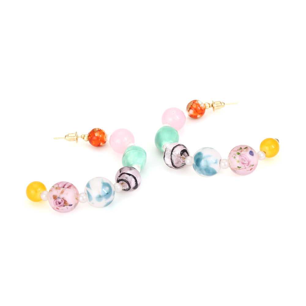 Wholesale Bohemian Beaded C-shaped Candy Colored Glass Earrings